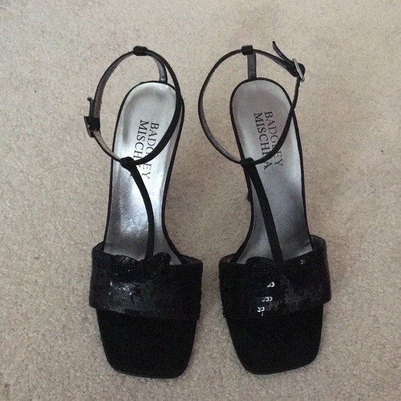Badgley Mischka Shoes - Badgley Mischka Black Sequin T-Strap Evening Sandals